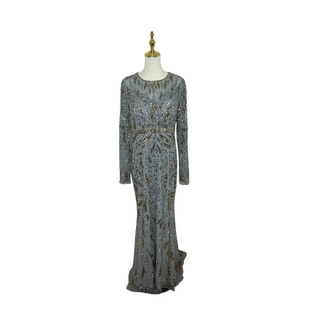 Mac‎ Duggal 5124 Platinum Gold Sequin Beaded Long Sleeve Dress Size 10 $598 - Picture 4 of 9